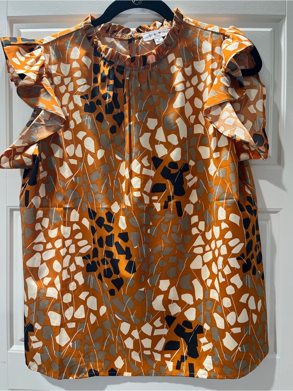 THML Rust Orange Abstract Ruffle-Neck Blouse